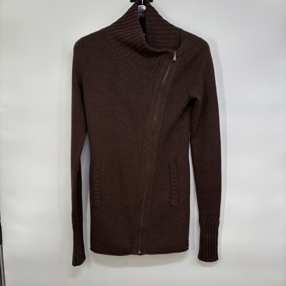Athleta Chill Factor Brown Wool Blend Asymmetrical Zip Funnel Neck Sweater S